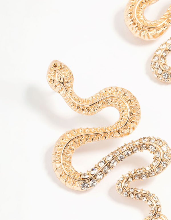 Gold Diamante Snake Drop Earrings