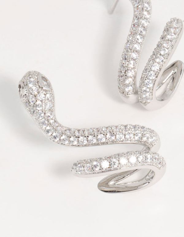 Silver Swirl Cubic Zirconia Snake Stud Earrings