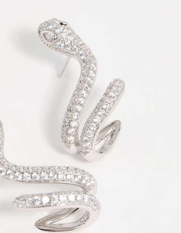Silver Swirl Cubic Zirconia Snake Stud Earrings