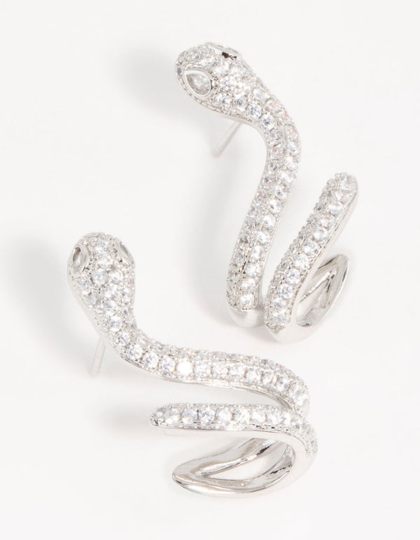 Silver Swirl Cubic Zirconia Snake Stud Earrings