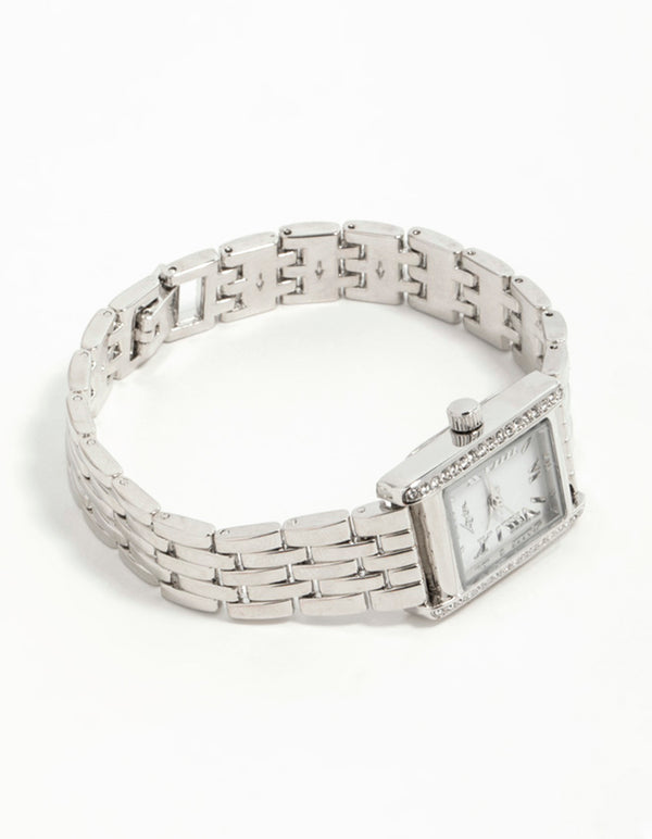 Silver Diamante Roman Numeral Enamel Rectangle Watch
