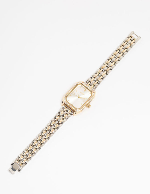 Mixed Metals Diamante Medium Rectangle Watch