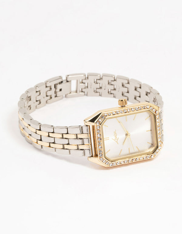 Mixed Metals Diamante Medium Rectangle Watch