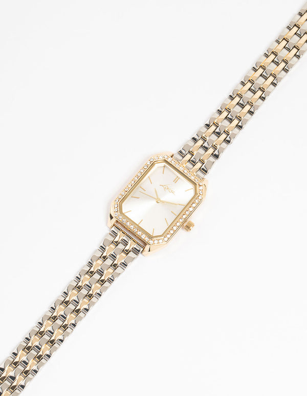 Mixed Metals Diamante Medium Rectangle Watch