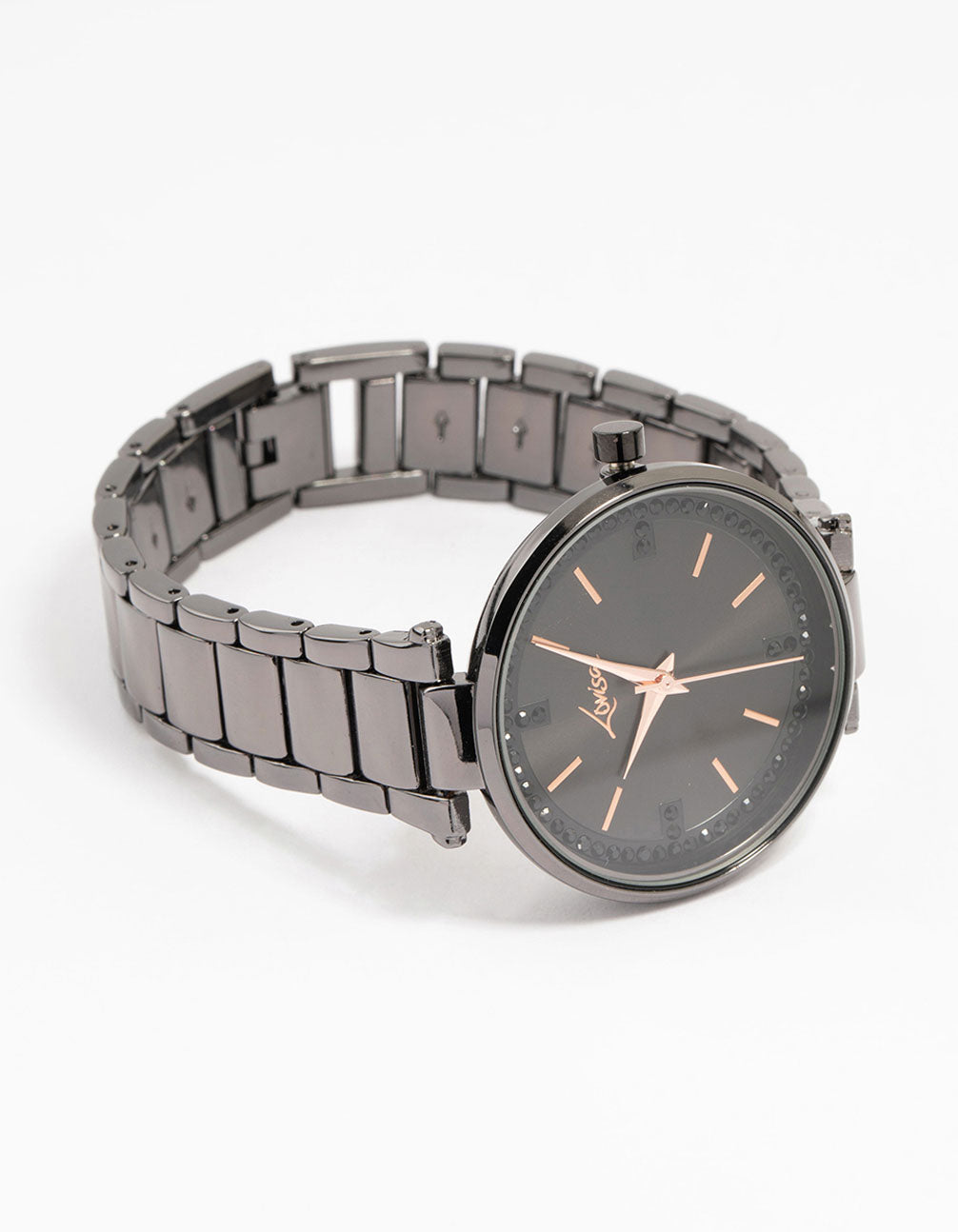 Featuring coated metal diamante watch featuring a round dial with stones in casual analog style, designed for women with a link-band strap front view