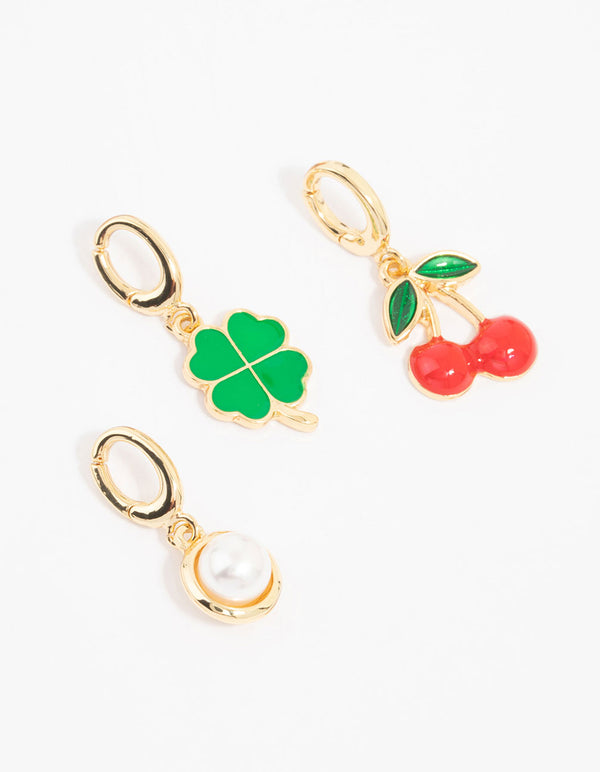Gold Plated Cherry & Four Leaf Clover Charms 3-Pack