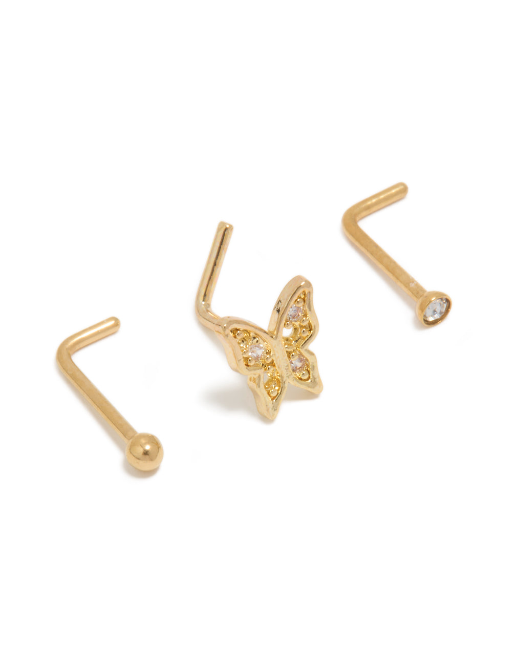Featuring gold plated butterfly nose piercings with balls in a 3-pack set, crafted from surgical steel and cubic zirconia crystal, featuring stud closure nose view