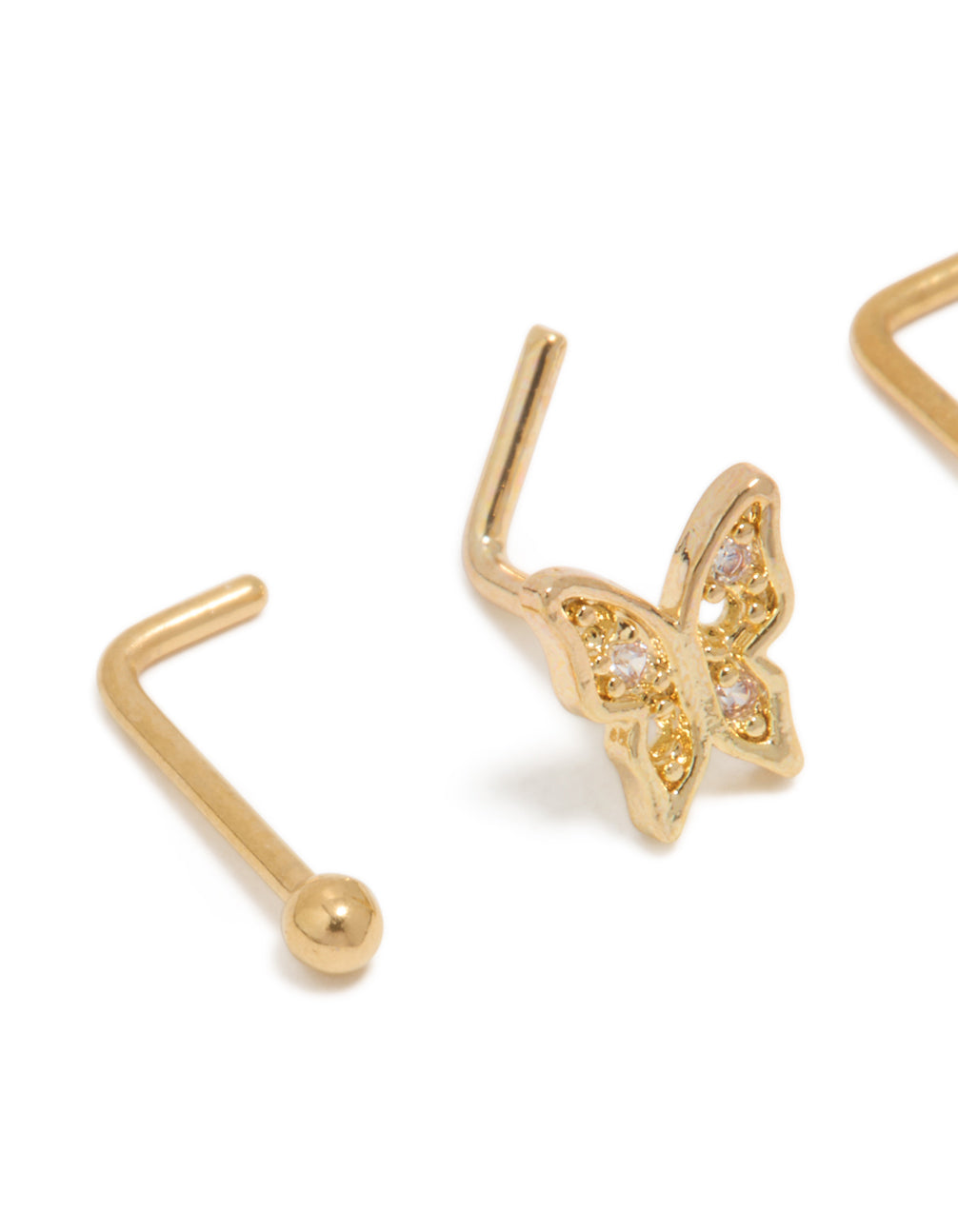 Showcasing gold plated butterfly nose piercings with balls in a 3-pack set, crafted from surgical steel and cubic zirconia crystal, featuring stud closure detail view