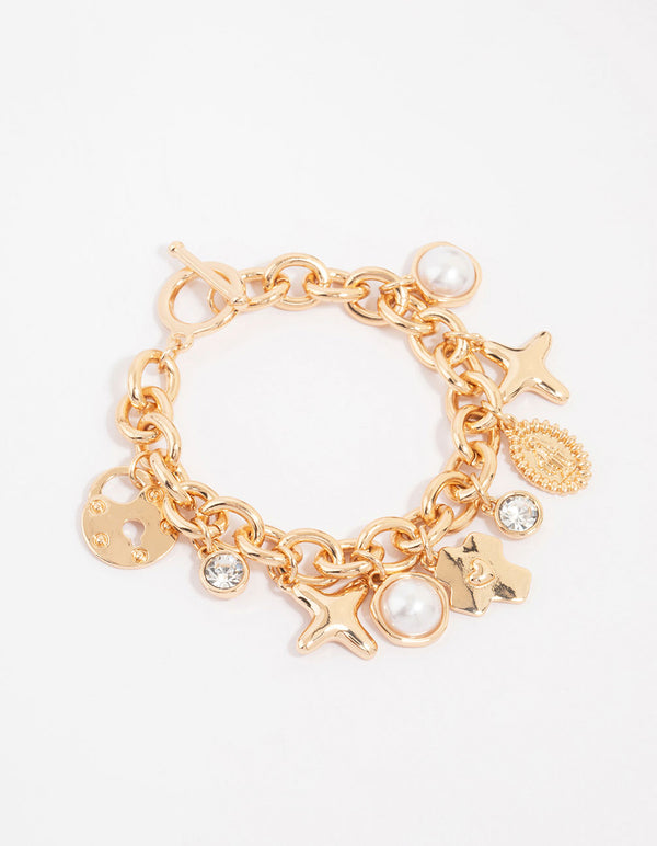 Gold Cross & Pearl Charm Bracelet