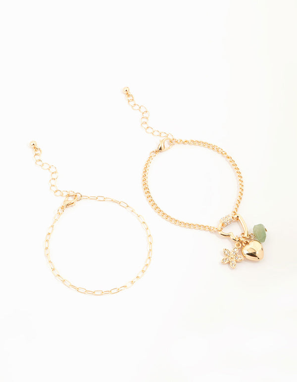 Gold Heart Semiprecious Charm Bracelets 2-Pack