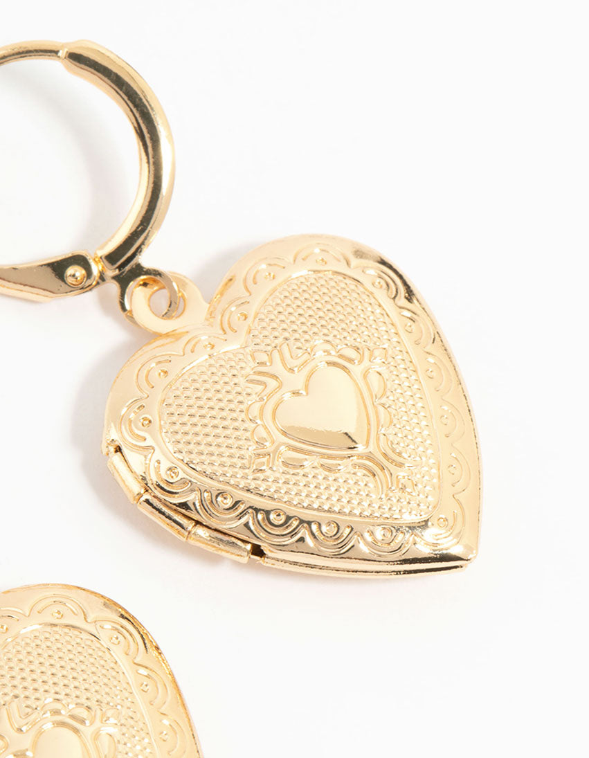 Gold Heart Locket Drop Earrings