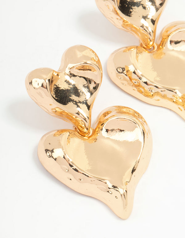 Gold Double Heart Drop Earrings