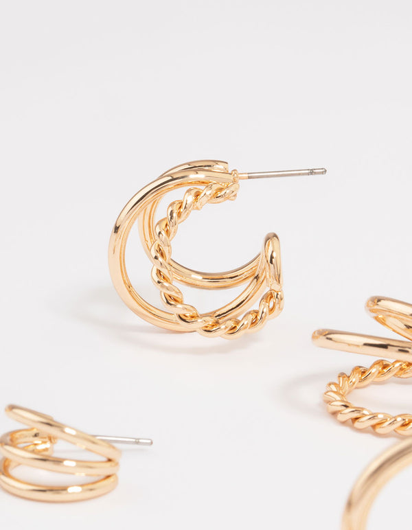 Gold Twisted & Sleek Hoop Earrings 6-Pack