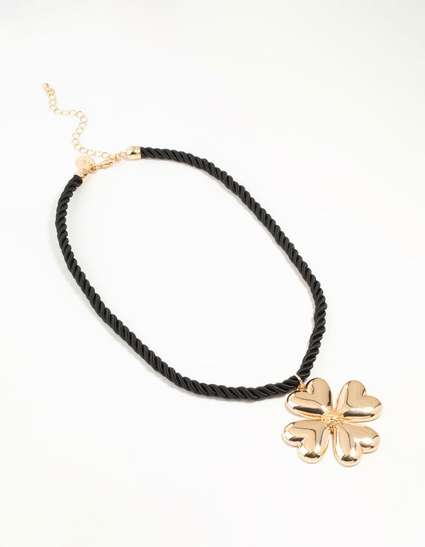 Gold Heart Clover Cord Necklace
