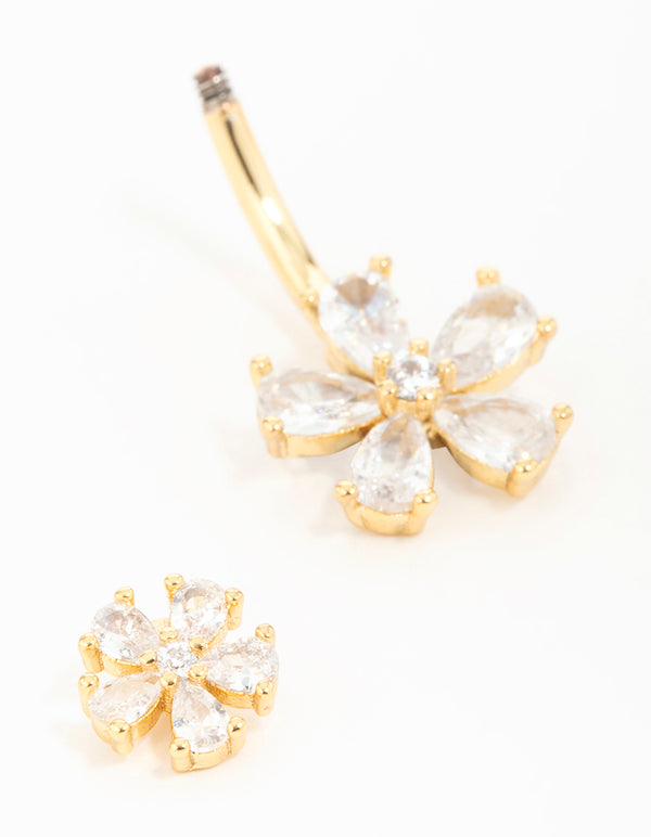 Gold Plated Surgical Steel Cubic Zirconia Double Daisy Belly Bar