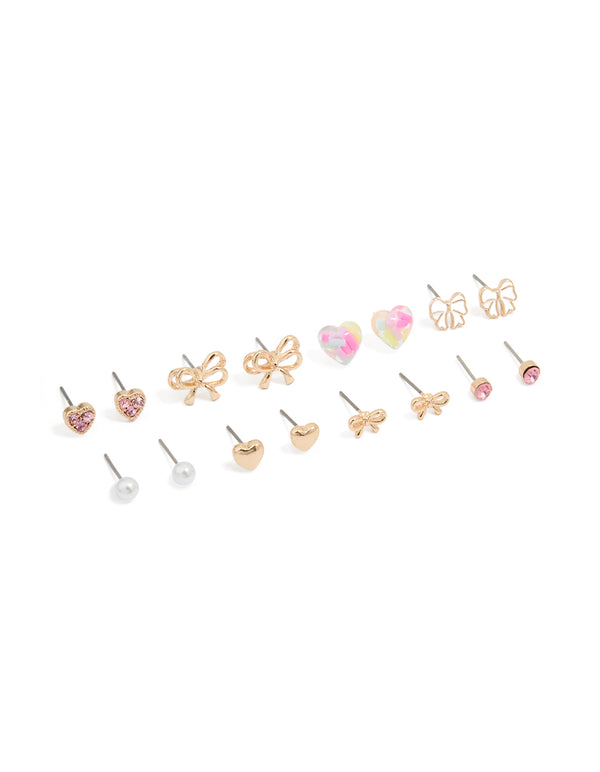 Gold Bow & Heart Stud Earrings 8-Pack
