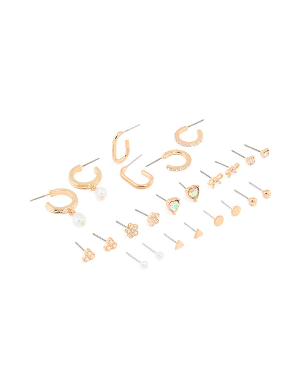 Gold Bow Flower Hoop & Stud Earrings 12-Pack