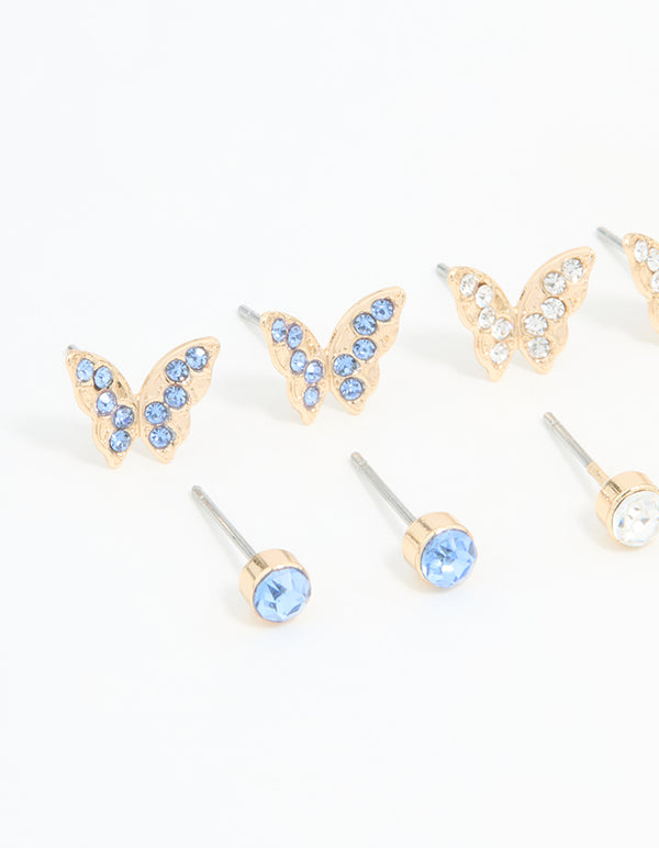 Gold Multicoloured Diamante Butterfly Stud Earrings 8-Pack