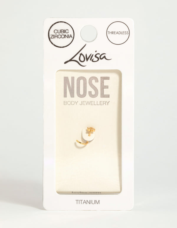 Gold Plated Titanium Cubic Zirconia Threadless Single Flower Nose Stud