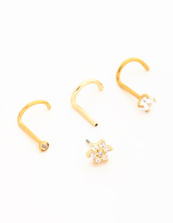 Gold Plated Titanium Threadless Flower Triangular Nose Studs 3-Pack