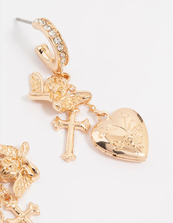 Gold Cherub Heart Cross Huggie Earrings
