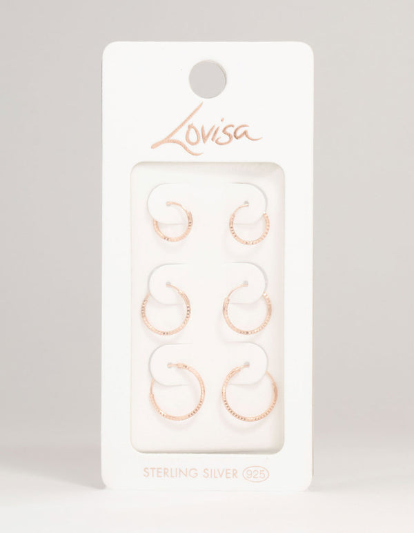 Rose Gold Plated Sterling Silver Textured Hoop Earrings 3-Pack