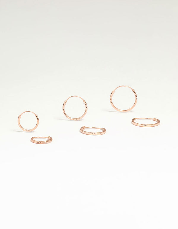 Rose Gold Plated Sterling Silver Textured Hoop Earrings 3-Pack