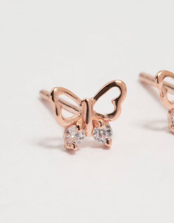 Rose Gold Plated Sterling Silver Cubic Zirconia Butterfly Stud Earrings
