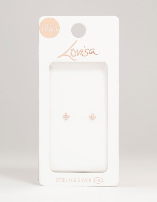 Rose Gold Plated Sterling Silver Cubic Zirconia Micro Flower Stud Earrings