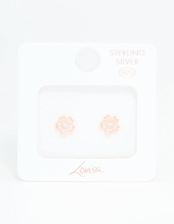 Rose Gold Plated Sterling Silver Cubic Zirconia Flower Stud Earrings