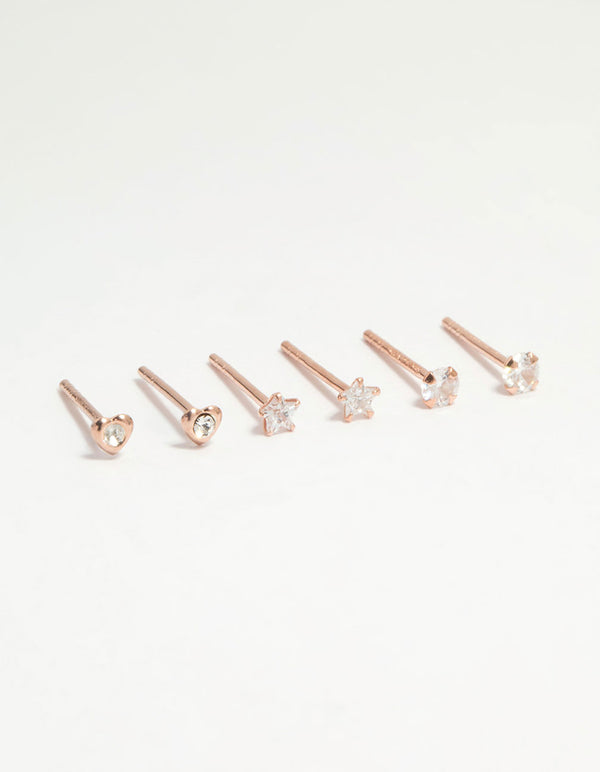 Rose Gold Plated Sterling Silver Diamante Tiny Stud Earrings 3-Pack