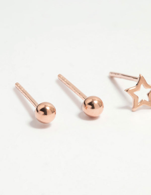Rose Gold Plated Sterling Silver Open Celestial Stud Earrings 3-Pack