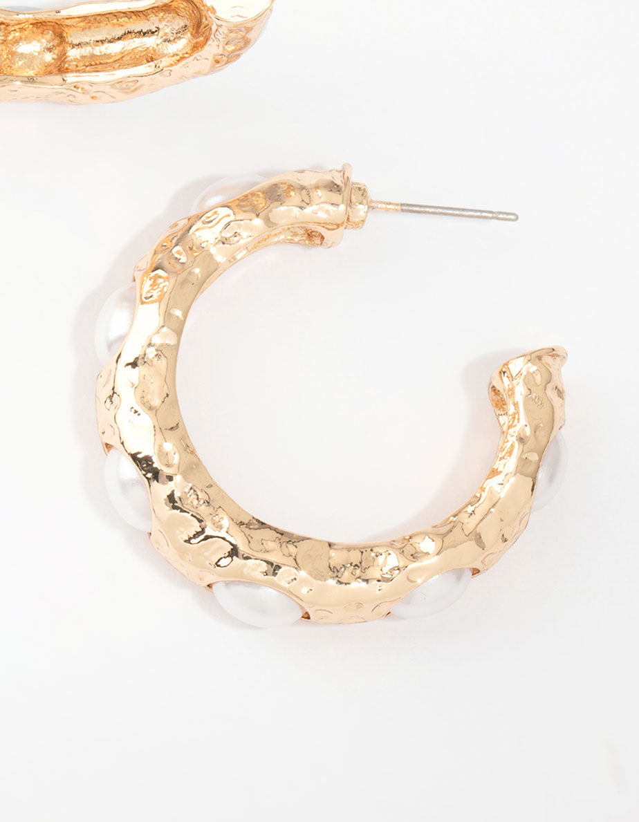 Gold Pearl Molten Hoop Earrings
