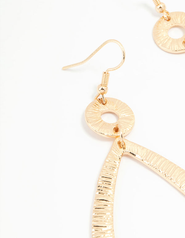 Gold Etched Oval Disc Drop Earrings