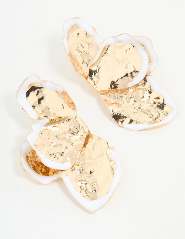 Gold & White Coated Metal Petal Drop Earrings