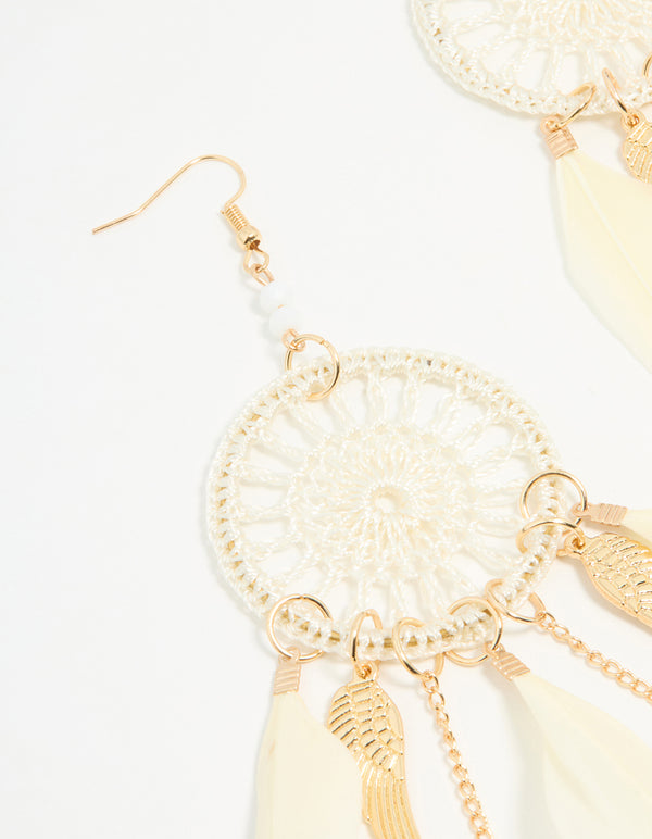 Cream & Gold Feather Dreamcatcher Drop Earrings