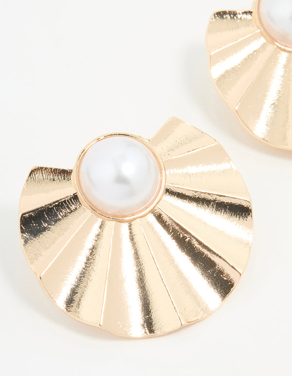 Gold Pearl Wavy Stud Earrings