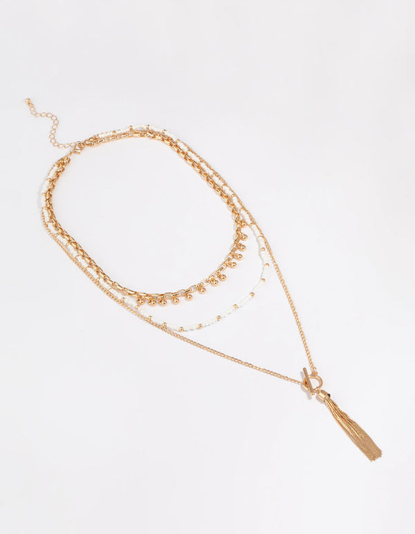 Gold Bead & Tassel Layered Necklace