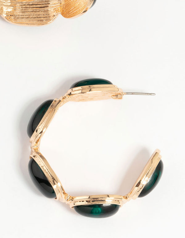 Gold Emerald Diamante Hoop Earrings