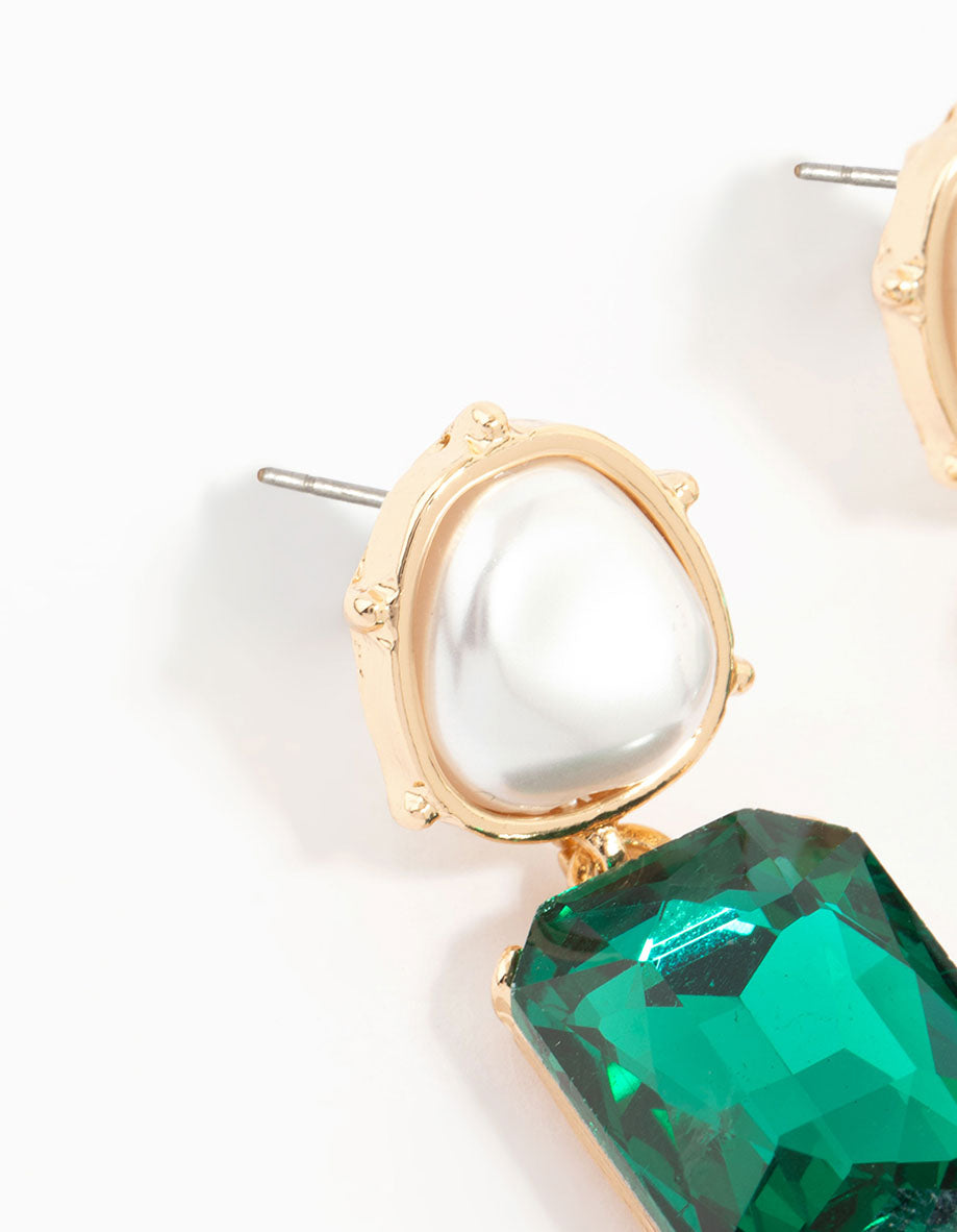 Gold Pearl & Green Stone Drop Earrings