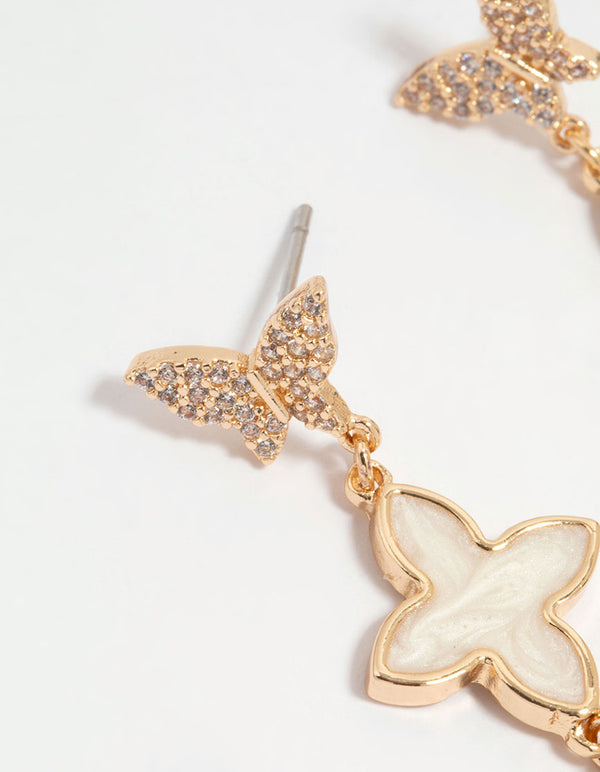 Gold Butterfly Flower Drop Earrings