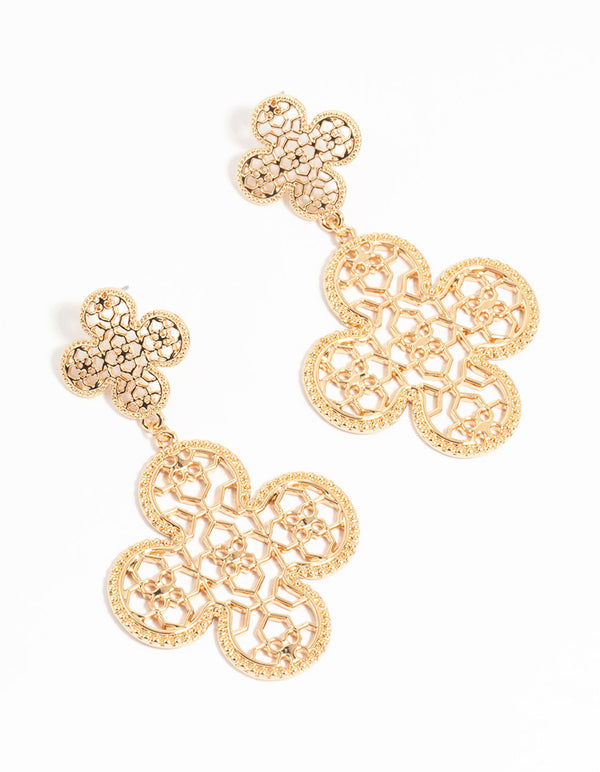 Gold Filigree Flower Drop Earrings