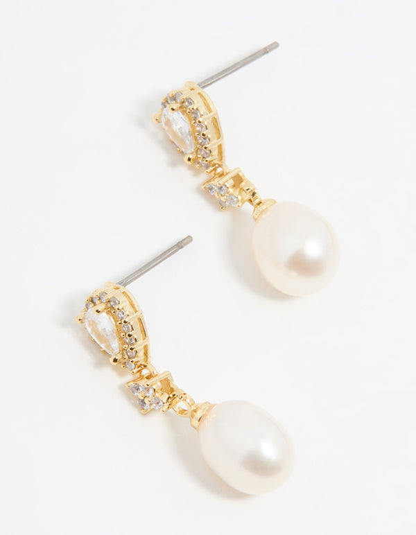 Gold Plated Pearl Pear Diamante Drop Earrings