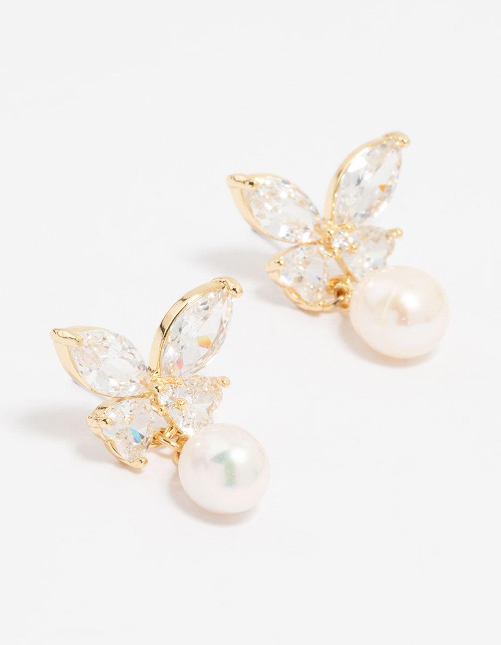 Showcasing gold plated cubic zirconia butterfly pearl drop earrings front view