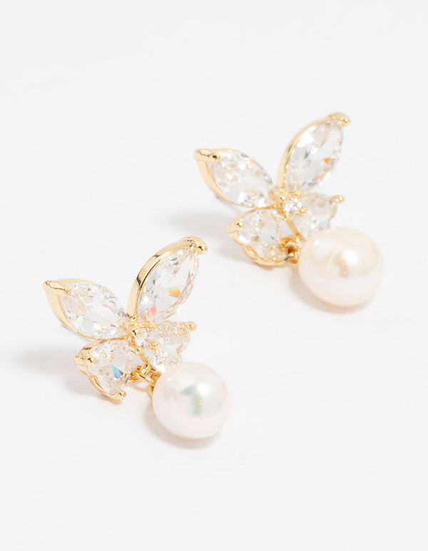 Showcasing gold plated cubic zirconia butterfly pearl drop earrings front view
