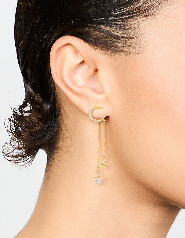 Gold Plated Moon & Star Drop Earrings