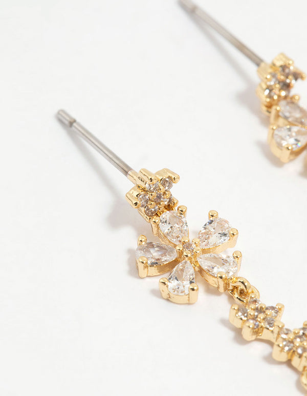 Gold Plated Cubic Zirconia Flower Drop Earrings