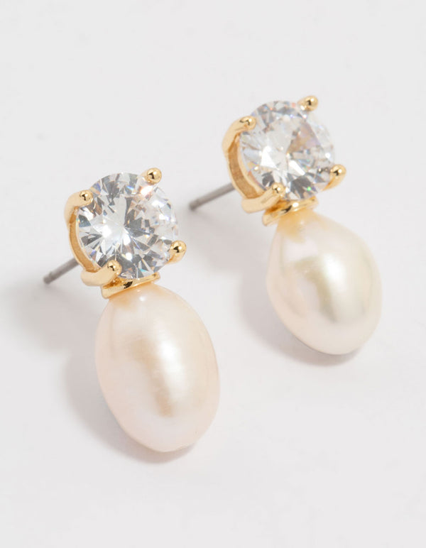 Gold Plated Diamante Freshwater Pearl Drop Earrings