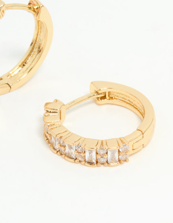 Crafted from gold plated material diamante baguette pave hoop earrings with clear stones and closure detail post detail view