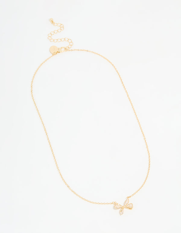 Gold Plated Diamante Pave Chunky Bow Necklace